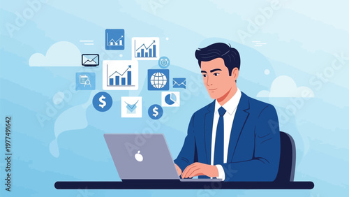 Businessman working on laptop with financial and productivity icons floating above