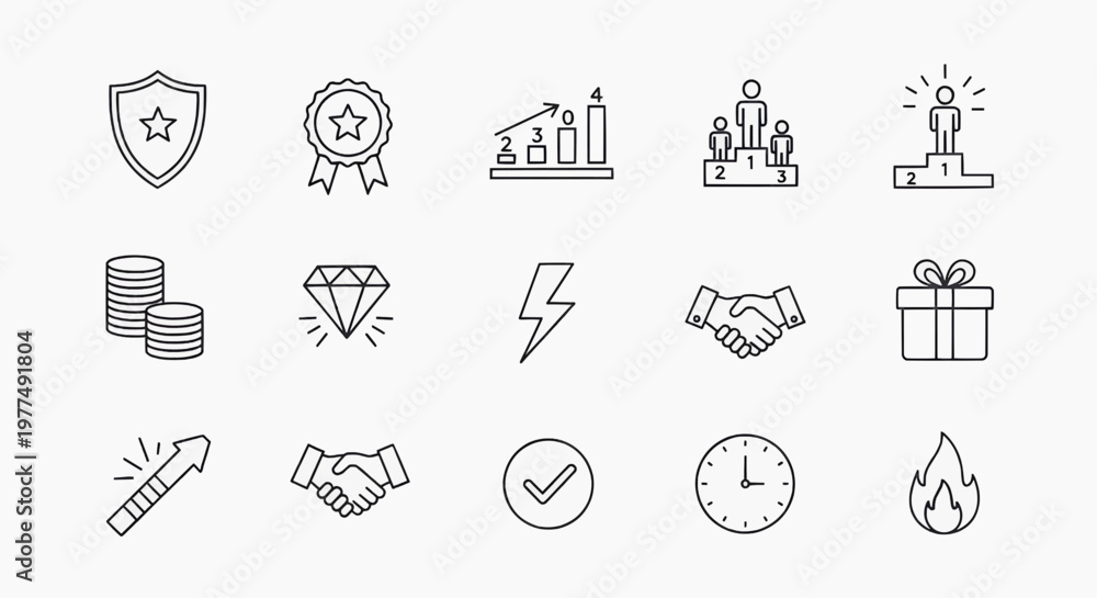 Fototapeta premium Various business related icons are depicted in a simple line style on a plain background.