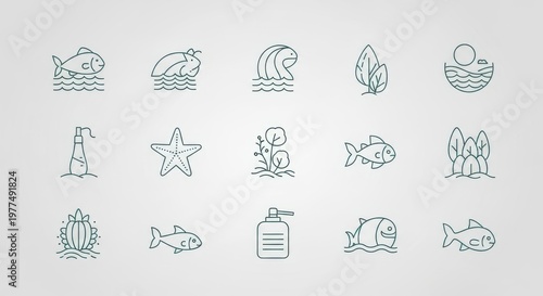 Minimalist Eco Friendly Nature and Marine Life Line Icon Set