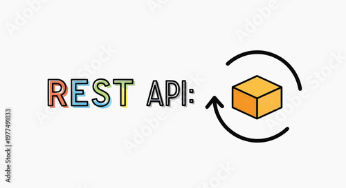 A colorful illustration of a rotating cube next to REST API text