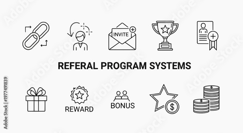 Referral program systems icons illustrate rewards and bonuses