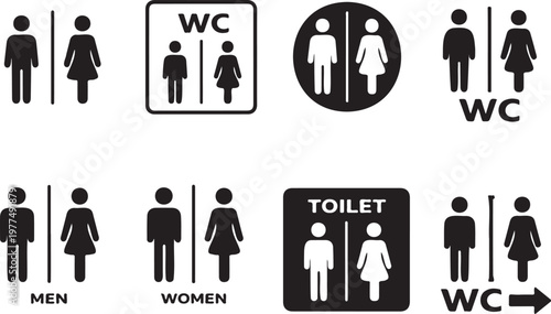 restroom toilet wc icon set collection pack, bathroom symbols minimal black design, restroom icons silhouette set