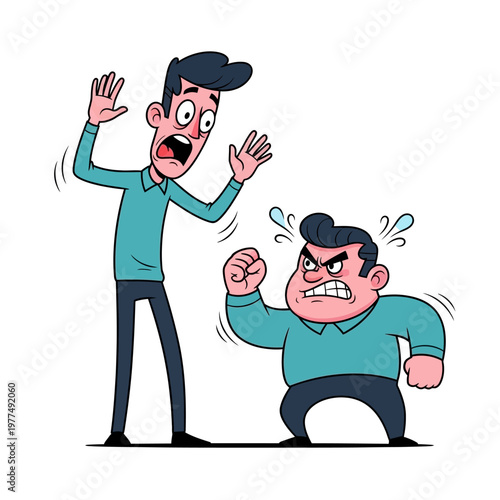 Angry man yelling at scared man, conflict and confrontation, cartoon illustration