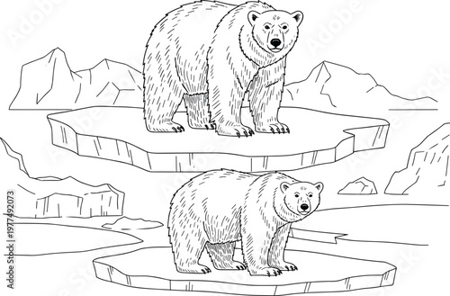Detailed black and white line art illustration of polar bears standing on ice floes in a mountainous arctic landscape for coloring book or design.