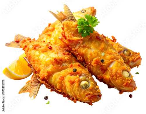 Golden fried fish with lemon wedge and parsley garnish