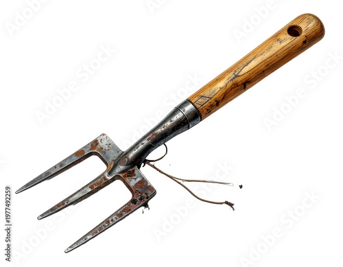 Rusty three-tined garden fork with worn wooden handle