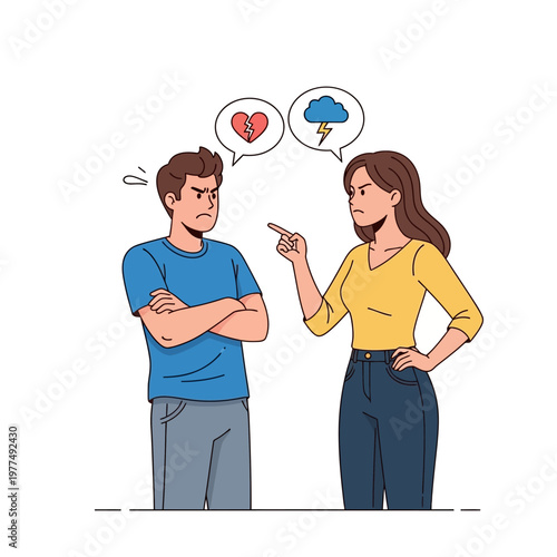 Couple Arguing, Broken Heart and Storm Cloud Symbols, Relationship Conflict