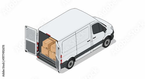 Isometric White Delivery Van with Open Rear Doors and Cardboard Boxes