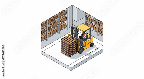 Isometric Warehouse Illustration with Forklift Operator Moving Pallets and Storage Racks for Logistics and Supply Chain Concept