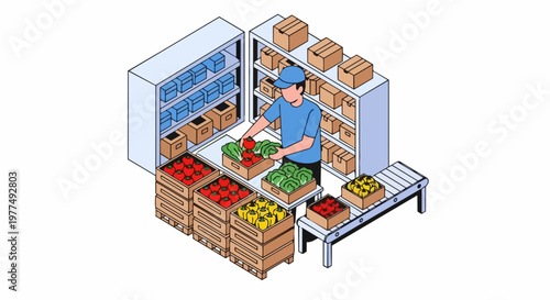Isometric Illustration of a Warehouse Worker Packing Fresh Produce and Vegetables for Distribution and Online Grocery Fulfillment