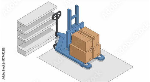 Isometric Illustration of a Blue Pallet Stacker Carrying Cardboard Boxes Near Warehouse Shelving for Logistics and Storage Concepts