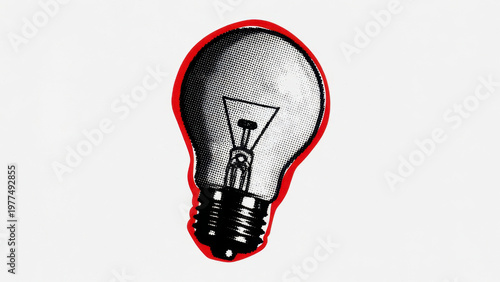 Retro light bulb illustration pop art halftone texture red outline idea concept creativity symbol minimalist design vintage lamp graphic poster white background