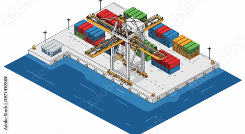 Isometric Container Port Illustration with Gantry Crane and Shipping Containers for Global Logistics, Supply Chain, and International Trade Concept