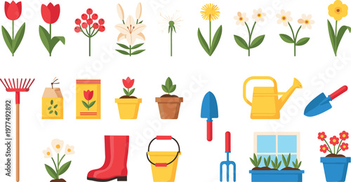 Gardening Icon Set Featuring Flowers, Tools, Pots, Watering Can, and Gardening Accessories for Web and App Use