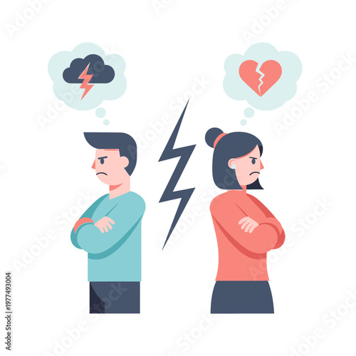 Couple arguing, relationship conflict, broken heart, emotional stress, vector illustration