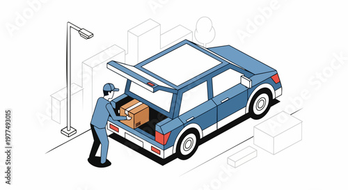 Isometric Illustration of a Courier Loading a Package into a Car Trunk for Delivery