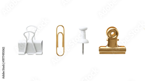 Canvas-taulu Four metallic and white office supplies including binder clips paperclip and pus