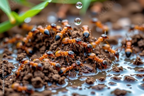A flooded ant colony frantically trying to evacuate as heavy raindrops collapse their dirt mounds.