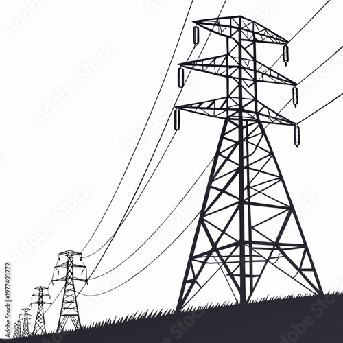 Black silhouette of a row of electricity pylons on a grassy hill