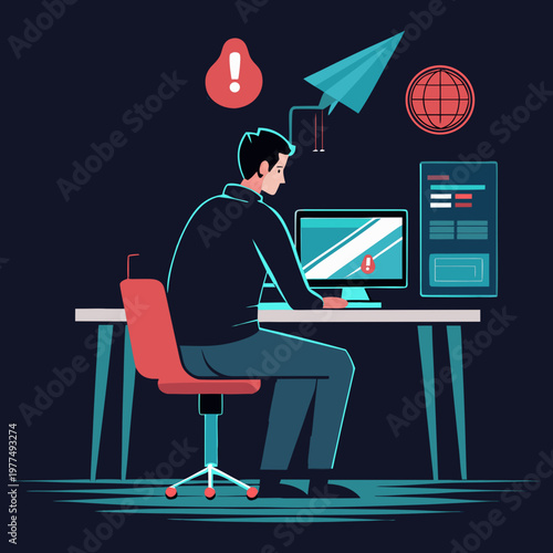 Silhouette vector illustration of depression while working on the computer