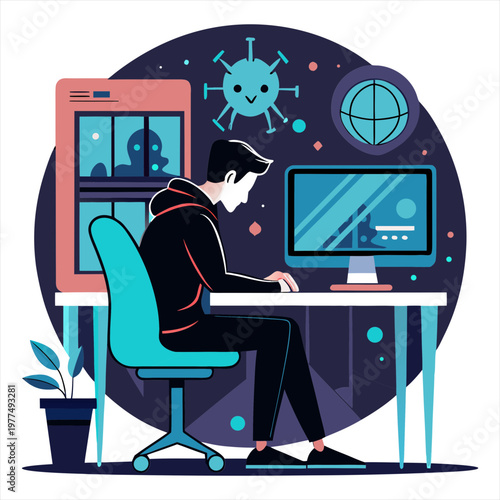 Silhouette vector illustration of depression while working on the computer