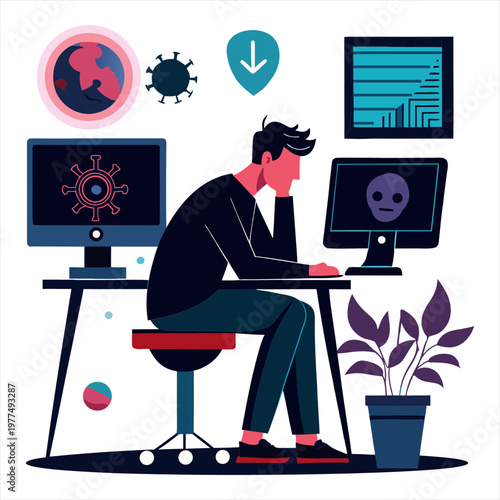 Silhouette vector illustration of depression while working on the computer