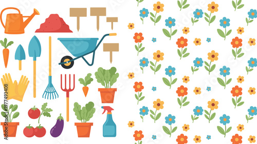 Gardening Icon Set Featuring Tools, Vegetables, Flowers, and Garden Elements for Web and App Use
