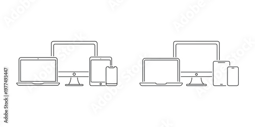 Minimalist device line icon set featuring desktop computer monitor laptop tablet and smartphone with thin black stroke on white background for web design