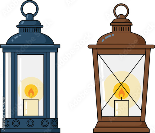 Vector Set of Classic Lanterns with Candle Light, Brown and Blue Lantern Designs for Cozy, Vintage, and Rustic Themes