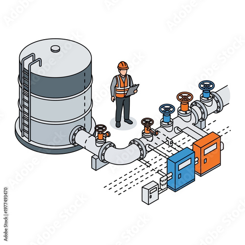 Isometric Oil Worker Supervising Oil Transfer Process