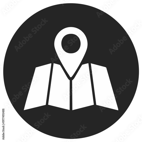 Folded map and location pin icon inside a black circle illustration