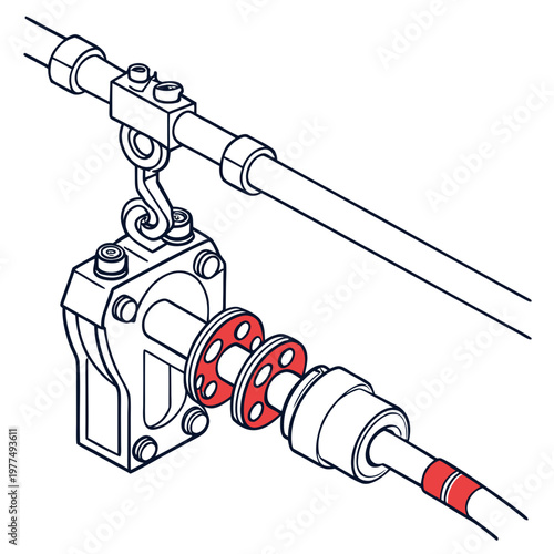 Mechanical assembly with red accents and detailed components