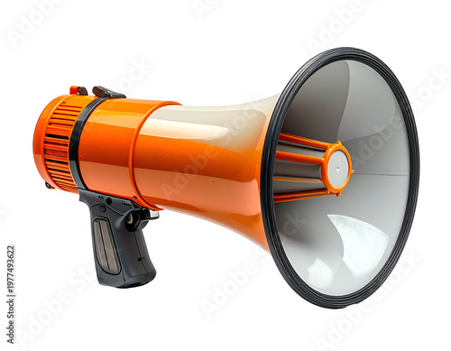 Orange megaphone with black handle and ribbed back, on white