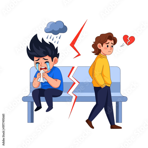 Sad Boy Crying on Bench, Broken Heart Symbol, Couple Separation