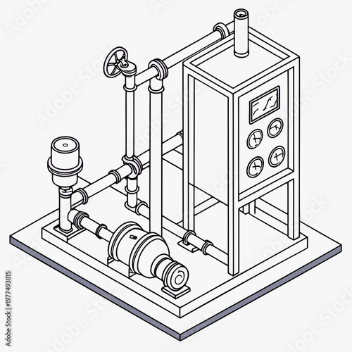 An isometric line drawing of an industrial pump system with control panel and pipes