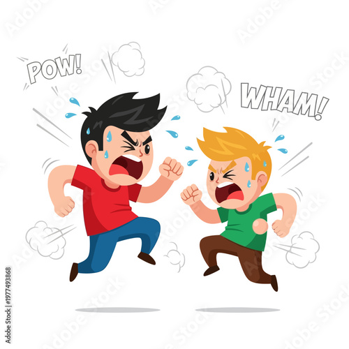 Two cartoon boys fighting, shouting POW and WHAM, sweat and anger