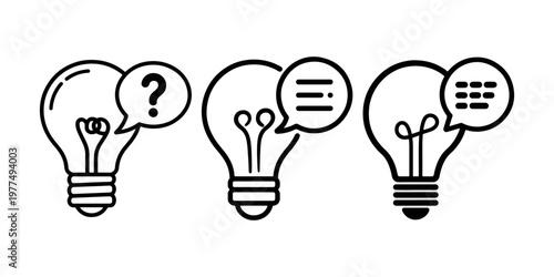 Minimal bulb icon set representing creative idea generation phases from initial question through discussion to final thought process and solution design