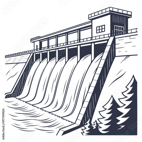 Illustration of a hydroelectric dam with water flowing down and a building on top, surrounded by trees
