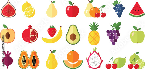 Flat vector illustration of fresh organic fruits collection featuring apple banana strawberry grapes pineapple watermelon avocado dragon fruit and papaya icons for healthy food design.