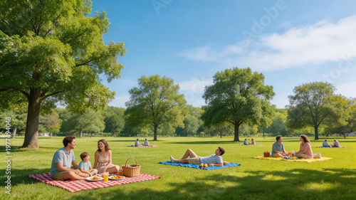 Labor day picnic family relaxing on blanket in sunny park with green trees and picnic basket enjoying outdoors