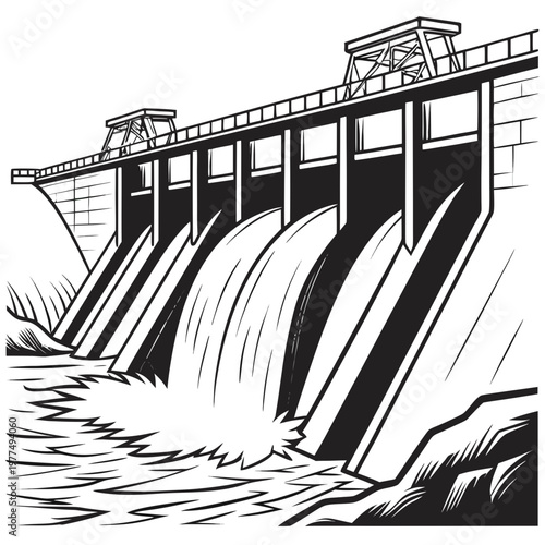 A black and white illustration of a dam with water flowing out of it