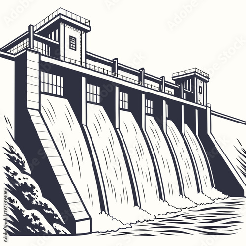 Illustration of a large dam with water flowing out of it