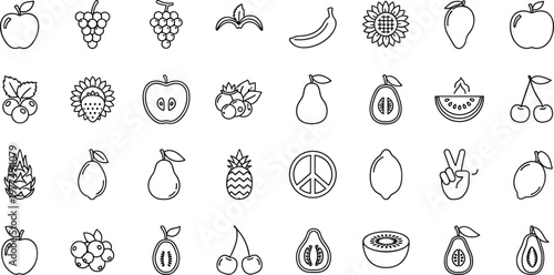 Fresh fruit line icon set featuring apple banana strawberry grapes pineapple watermelon avocado dragon fruit and papaya outlines for healthy food graphic design elements.