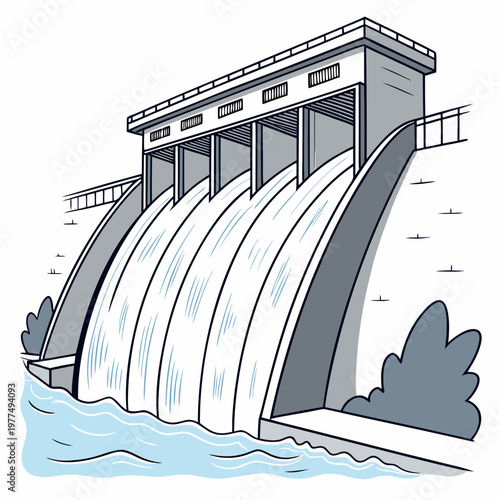 An illustration of a dam with water flowing out of it