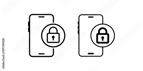 Smartphone security icon set representing mobile phone data protection with padlock symbol and touchscreen device outline for digital privacy and safety