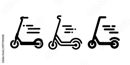 Electric scooter icon set illustrating fast urban transportation with motion lines and minimalist kick scooter design for modern city commuting and mobility