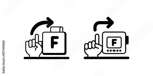 Camera settings icon set showing hand gesture and digital interface for photographic adjustments and media control features in minimalist vector style