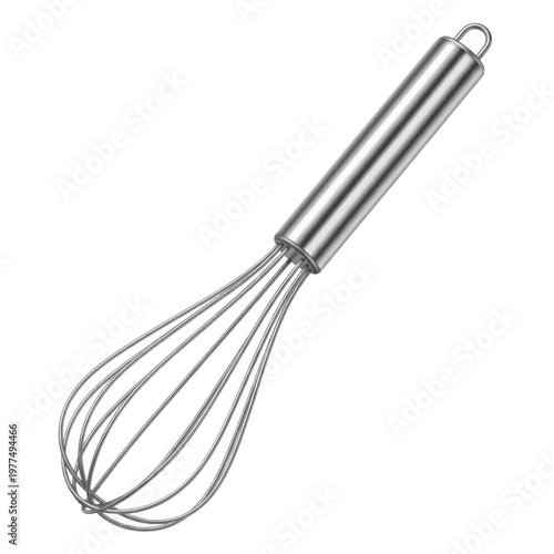 Stainless steel kitchen whisk for beating batter and whipping sauces in cooking tasks.