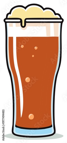 Pint Glass Full of Ale Vector Illustration. Close-Up of Beer with Creamy Foam Topping.