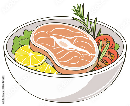 Healthy salmon steak bowl with fresh salad, lemon, and rosemary vector illustration